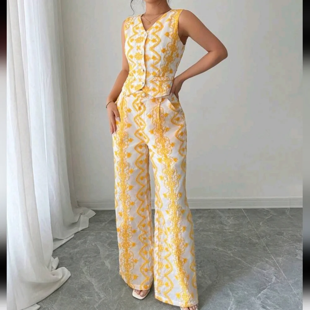 2pcs/Set Vacation Casual Embroidery V-Neck Vest And High Waist Wide Leg Pants - Picture 4 of 5